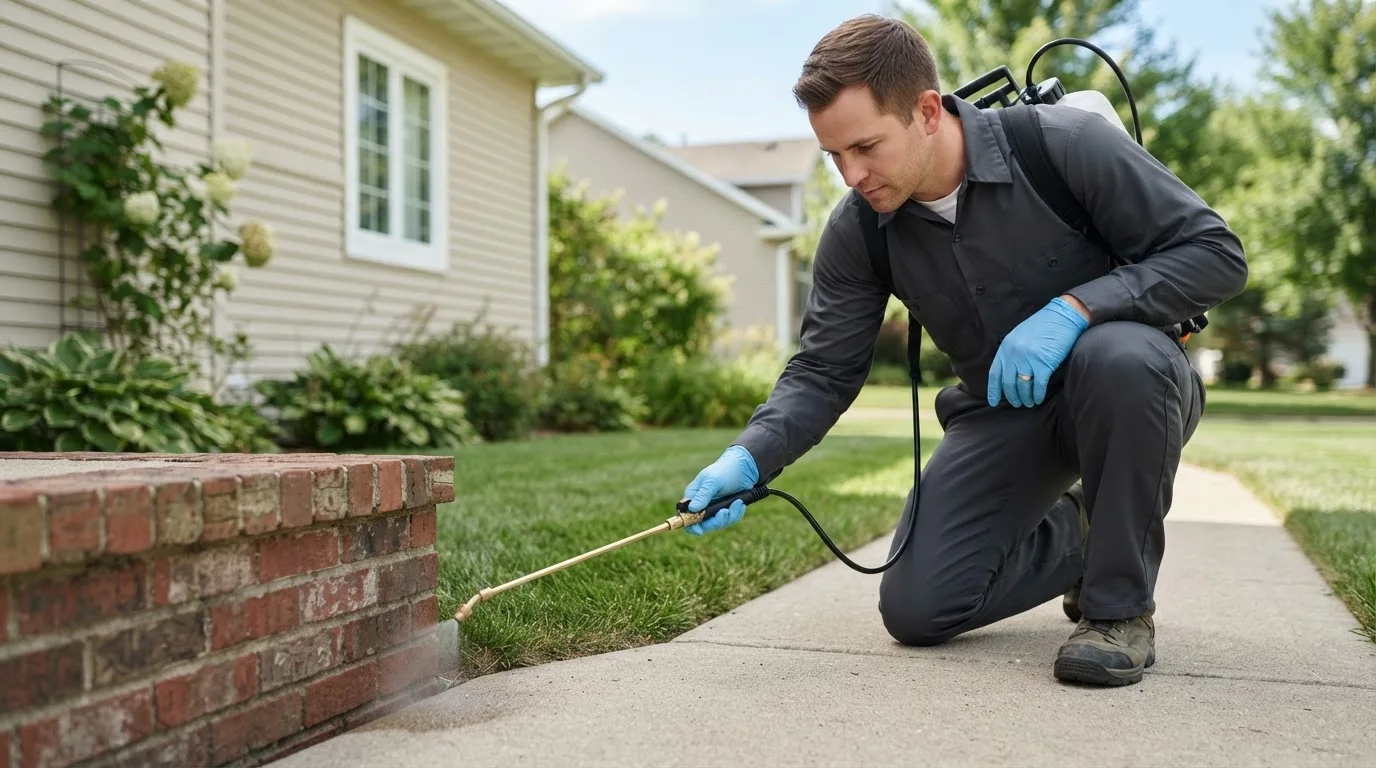 Pest control technician treating a home near Chittenden, VT